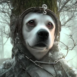 close up of sad, abandoned, miserable dog chained to a tree, robed Grim Reaper standing nearby, winter, house, 8k resolution, high-quality, fine-detail, iridescent, intricate, digital art, detailed matte, volumetric lighting, illustration, 3D octane render, brian froud, howard lyon, selina french, anna dittmann, annie stokes, lisa parker, greg rutowski