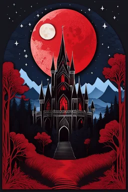 The Midnight Keep, Gothic Castle on the Red Bluffs, a crimson nightfall, stars, Red Full-Moon, red mountains and landscape,, gothic, haunting made with layered paper cut outs vector