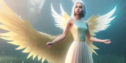 subtle queen, atmospheric, realistic, unreal engine, cinematic lighting, octane render, transparent long dress, blonde, full body, bright wings, smile, long hair