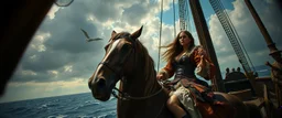 pin hole cam, master oil painting by Rembrandt, good afternoon scary hot seductive piratress merchant swashbuckler on stallion on ship