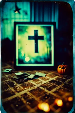 1960s photo old blurred analog damaged flawed defective polaroid photo, in the nursery, occult satanic ritual on halloween night, Cross processing