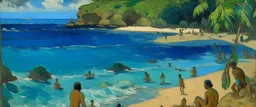 A blue beach near a coral cove painted by Paul Gauguin