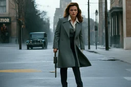 (photo from a movie by Quentin Tarantino) a woman detective investigates a strange case on ghosts killing people because a road perturbated their old HQ... She is standing on the sidewalk