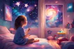 In her adorable girl sitting in her bedroom, she gazes up at the bright stars, her imagination soaring through the vast galaxy, fueling her dreams of painting with vivid colors.