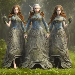 3d render, Painting .three women. A mother. Two daughter. Twins. A mother with her children the faces of three young elf women. wood nymphs emerging from the forest. Her hair looks like vines. Dreadlocs. Her skin is the colour of dark soil. Her skin looks like tree bark. Her clothing is made of vines, grass and leaves.