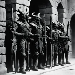 [high res bloody photo by Ray Harryhausen] In the shadowed depths of the ancient demonic citadel, a rack of devil firearms stood ominously, their twisted forms exuding a malevolent aura. Each weapon bore the mark of a specific soul of the underworld, crafted from dark metals forged in the fires of the abyss.