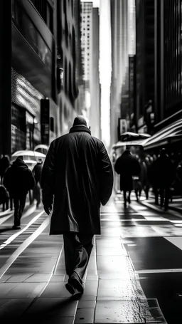 Abstract Photography capturing a solitary figure in the bustling streets of New York city. The monochromatic street scene revels in the energetic grays, highlighting the man's dynamic presence amidst the urban chaos.