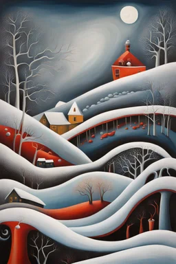 An abstract, weird, surrealism painting of winter