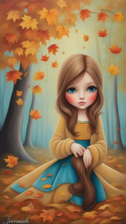 Masterpiece, best quality, Jeremiah Ketner style painting of a portrait of a girl in autumn park, autumn leaves in background, painted by Jeremiah Ketner