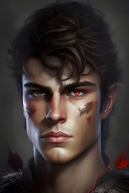 portrait of attractive fae male warrior with short brown hair dark red eyes