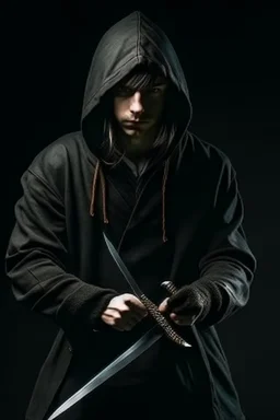 young human rogue holding knives in dark medieval clothing hood down full body