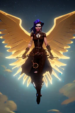 steampunk angel flying in a starry night, pale, golden glow, majestic