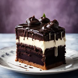 A decadent slice of chocolate cake, with rich layers of moist cake, creamy frosting, and a drizzle of chocolate ganache on top. The cake is so large, it barely fits on the plate, and the chocolatey aroma is irresistible, realistic photo, 8K