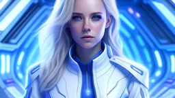 Femme galactique magnifique, yeux bleux, long cheveux blonds, commandante, en combinaison blanche lumière détails violets et bleus, futuriste