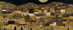 A black wastelands with an abandoned town designed in ancient Roman mosaics painted by Gustav Klimt