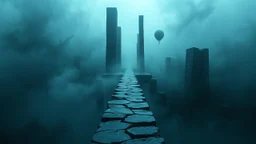 A surreal, dark and cold abstract artwork dominated by deep blue, icy cyan, charcoal black and muted steel-grey tones. An thin narrow passageway emerges from an abstract distorted weird landscape, surrounded by thick atmospheric fog and drifting mist. The space feels dreamlike, alien and unsettling, with fragmented floating geometric forms, black onix architectural fragments and unnatural perspectives. At the center of the composition cracked stone way over abyss, passage over nothingness