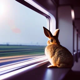 small rabbit hopping around interior, high speed train, sunset on the horizon outside window