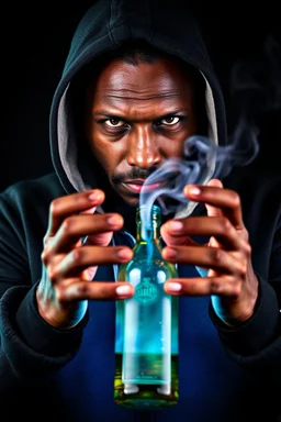 Portrait of aa evil brown skin male hooded Cary with both hands a bottle with smoke out of it in front