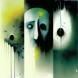 stages of Grief, by Victor Pasmore and Stephen Gammell and Dave McKean, surreal horror, abstract grief afflicted elements, dramatic, color splash, weirdcore