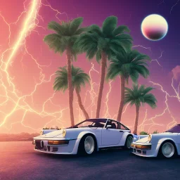 1980's aesthetic vaporwave palm trees and spheres and Porsche with lightning