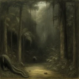 A dark warm gray thespian show in a jungle painted by Albert Pinkham Ryder