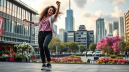 beautiful lady with makeup in pants and pretty shirt curvy long hair sport shoes dancing in a open stage in a modern city cnter,modern city escape at dintant ,flowers and trees ,pretty clouds