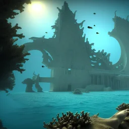 lost underwater city, Poseidon, highly detailed, cinematic, ultra photorealistic, ultra realistic, volumetric lighting, sun shafts, spectral, 4k, 8k, fish swimming around, murky, coral reef, shipwreck, unreal engine