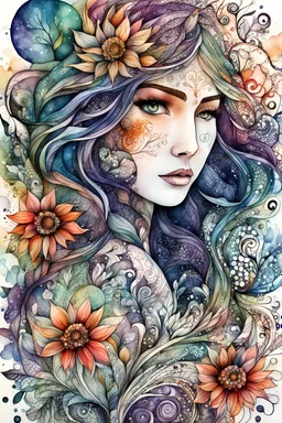 random watercolor Zentangle patterns that depict Mother Nature, highly detailed, with fine ink outlining