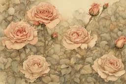 beautiful intricate rose field, soft delicate watercolor, dramatic, perfect composition, by Arthur Rackham highly detailed intricate very attractive beautiful fantastic view watercolor Arthur Rackham Jean-Baptiste Monge Egon Schiele muted tones professional Enki Bilal patchwork watercolor and ink Xuan Loc Xuan