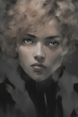 Portrait of a female with short curly hair, and tan skin color, drawn in Yoji Shinkawa style, black and white with a gray background.