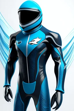 Surfshark's superhero costume combines a black, form-fitting bodysuit with a deep ocean-blue wetsuit-style jacket, featuring shark fin-like shoulder embellishments. White shark tooth designs adorn the arms and legs. His cowl resembles a shark's head, with a dark visor revealing his piercing blue eyes. The shark-themed utility belt, gloves, and boots complete the ensemble, along with a high-tech surfboard. The chest emblem is a stylized shark with dorsal fins reminiscent of Batman's bat symbol.