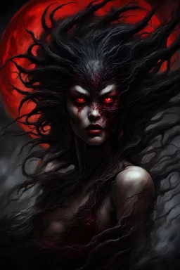 A dramatic digital painting portraying a horror monster under the Red Moon, veins pulsing, claws of temptation visible, soul in turmoil. In the style of Luis Royo and Boris Vallejo and Giger, vivid colors, swirling brushstrokes, highly detailed, 8k resolution, surrealistic., juicy emotions, painting, gloomy fantasy, gloomy day, dark world, portrait, oil and graphite, wide strokes, a weaving frame around, by Ryohei Hase, Agnes Cecile, Raymond Swanland, Anne Bachelier