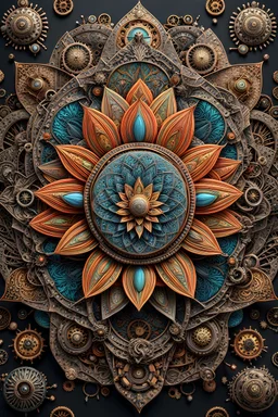 3D rendering of Expressively detailed and intricate of a hyperrealistic “lotus”: symmetric, front view, colorful paint, tribalism, steampunk, shamanism, cosmic fractals, dystopian, octane render, volumetric lighting, 8k post-production, detailled metalic objects, dendritic, artstation: award-winning: professional portrait: atmospheric: commanding: fantastical: clarity: 16k: ultra quality: striking: brilliance: stunning colors: amazing