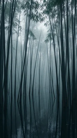 A swamp of bamboos gray trees in , dim light , foggy, sad, cloudy, atmosphere,