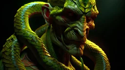 Snake man, green-yellow shades, red eyes, high detail, high resolution, 8K