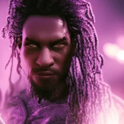 portrait, badass black man, long curly black hair, purple scar on eye, post-apocalyptic, realistic, intriacte detail, sci-fi fantasy style, volumetric lighting, particales,highly detailed,cinamatic, deep colours,8k