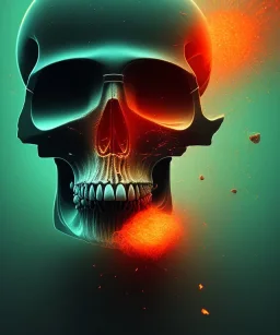 broken skull. black background. smoke and explode. particles in air. teal and orange. abstract. beksinski.