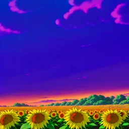 purple sky full of stars, sunflower field, floating ruins of an asian village, anime, high res, makoto shinkai