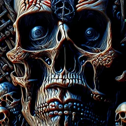 a close up of a person's face with a sign and a lot of skulls, detailed 3d gothic oil painting, 4k highly detailed digital art, detailed cover artwork, surrealistic digital artwork, by Johfra Bosschart, abstract occult epic composition, neosurrealism. digital art, horror surreal art, 4k detailed digital art, horror fantasy art, surreal dark art