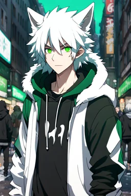 [Waterscape] In anime, an anthropomorphic male character with white fur, white-and-green-haired, white-skinned, green-eyed, wolf ears, whiskers, a black hoodie, and black pants, is on the street in the massive capital. [8K resolution, high quality, ultra graphic, and detailed with lines.]