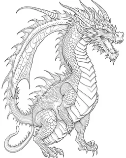 coloring image of full body dragon, line art, realistic, white background