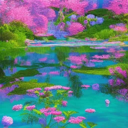 enchanted forest, blue lake,delicate flowers, pink tree, Swrosvsky crystals, cascades, full of details, smooth, bright sunshine，soft light atmosphere, light effect，vaporwave colorful, fantasy art, smooth, extremely sharp detail, finely tuned detail, ultra high definition, 8 k, unreal engine 5, ultra sharp focus