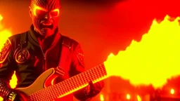 4K. REALISTIC FULL DETAILS. UN TERMINATOR DEBOUT AVEC UNE GUITARE EN MAINS FIRESTARTER; flammes en fond