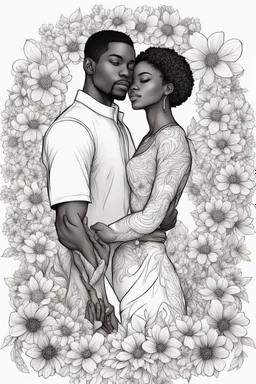 Create outline art of coloring page of a black couple surrounded by blossoming flowers symbolizing the growth and beauty of their love. white background, sketch style, half of body, only use outlines, Mandala style, clean line art, white background no shadows, no shading, no color at all and clear and well outlined.