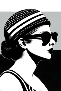 minimalist portrait photography, digital art, opart, woman face painted red, black and white dress, round black sunglasses, black and white swimming cap, side view by Franck Gerard