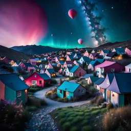 Odd dada village, odd, casual houses, block colours, surreal landscape, pastel colours, sharp, colorful, stars and planets, bokeh, 8k, highly detailed, large format film, medium format film, shot on Hasselblad