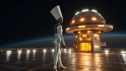 "Artistic photography (((FULL BODY from HEAD to FEET +profile))), enormous almond shape lighted crystal clear eyes, she is gorgeous, dressed in a white shiny jumpsuit she is a gorgeous smiling extra terrestrial woman with indigo purple blue skin with a high elongated skull like Nefertiti, 40 y/o asian, she wears white tight boots, and she is outside on the flying saucers large landing deck of the space station in cosmos.