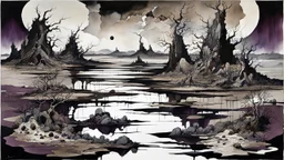 painted inner world with uncontrolled mind and neurodivergens soul, floating islands and rocks over surreal cracked weird empty landscape . deep dark purple, gray, black, white, brown, malachit, cream color. Whimsical strange style of yoji shinkawa, of Quentin Blake. No people in picture, weird absurd beauty nightmare, black rawen, in background fade neuron network-web, surreal vibe,