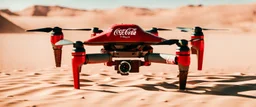 Coca-Cola Branded Military Warefare Drones, Desert, cinematic, Fuji Film, Anamorphic lens, 2040s, deep depth of field, in a Cyber punk WW3 film