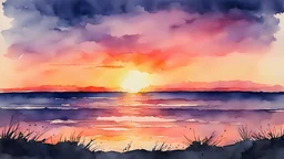Watercolor sunset over the horizon.